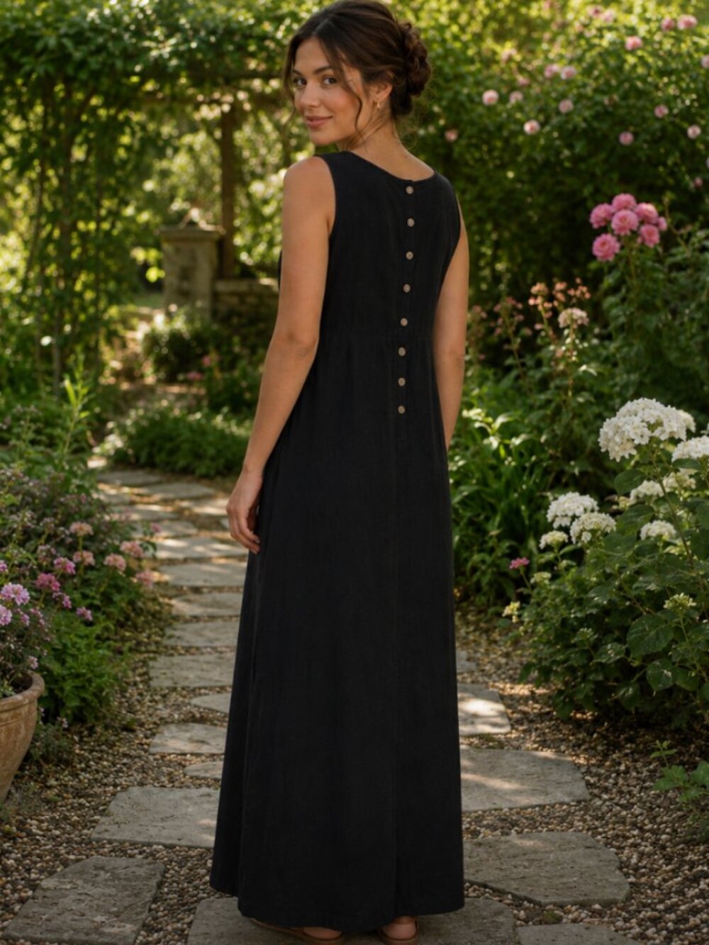 VTG Studio Ease Black Linen Maxi Dress 16 Lagenlook Minimalist 90s Butter Mom